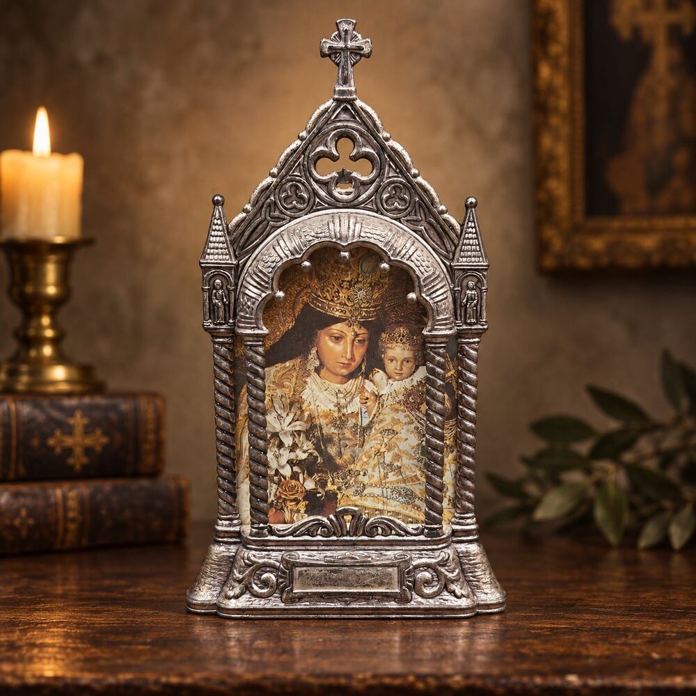Vintage Gothic Cathedral Shrine Frame Virgin Mary Silver Tone 6.5” Spanish Decor